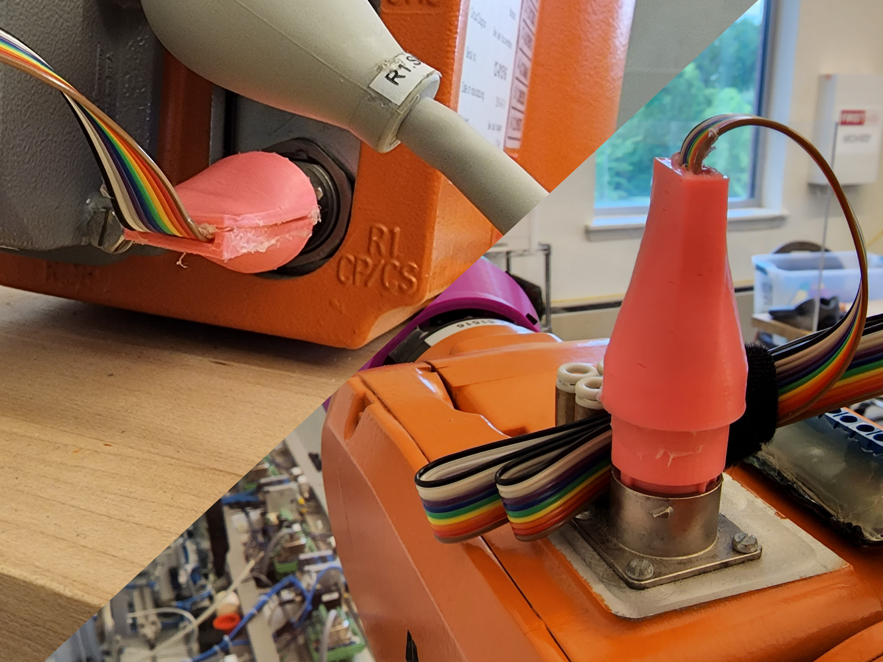 To get power and the control signals to the controller, I designed and printed connectors to plug into the robot's proprietary passthrough port