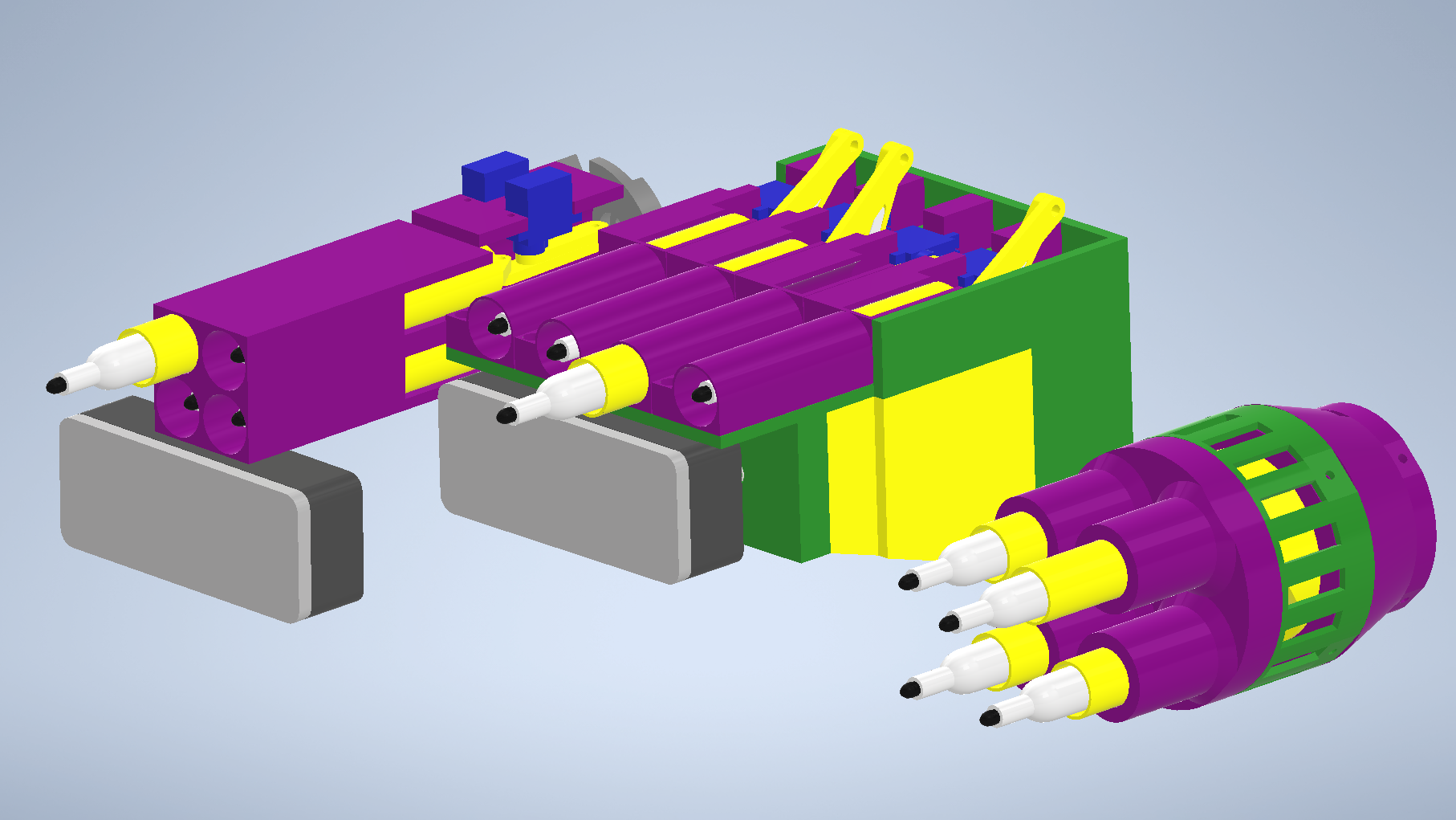 A comparison of the first marker changer (right) with later versions that incorperated an eraser, but never came to fruition